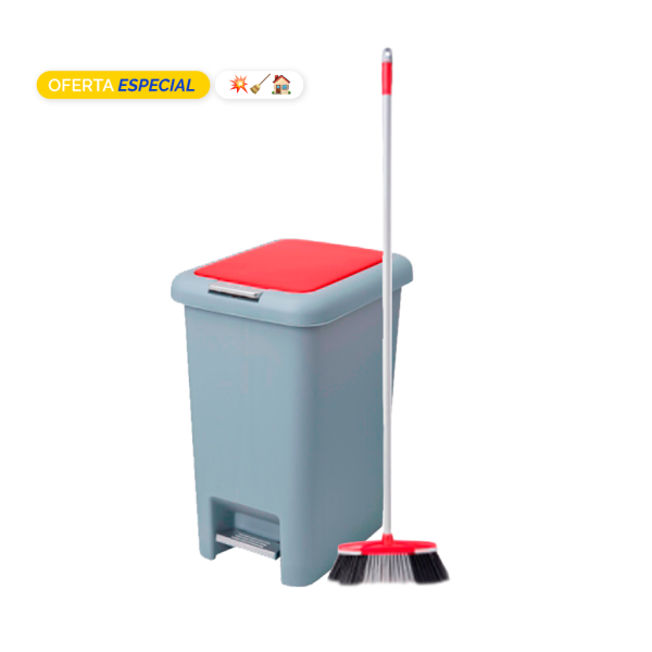 Recipiente para residuos con pedal 15lt + Escoba 1.30mts